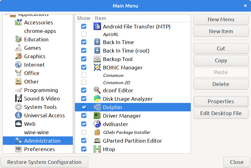 Linux Mint's application Menu Editor